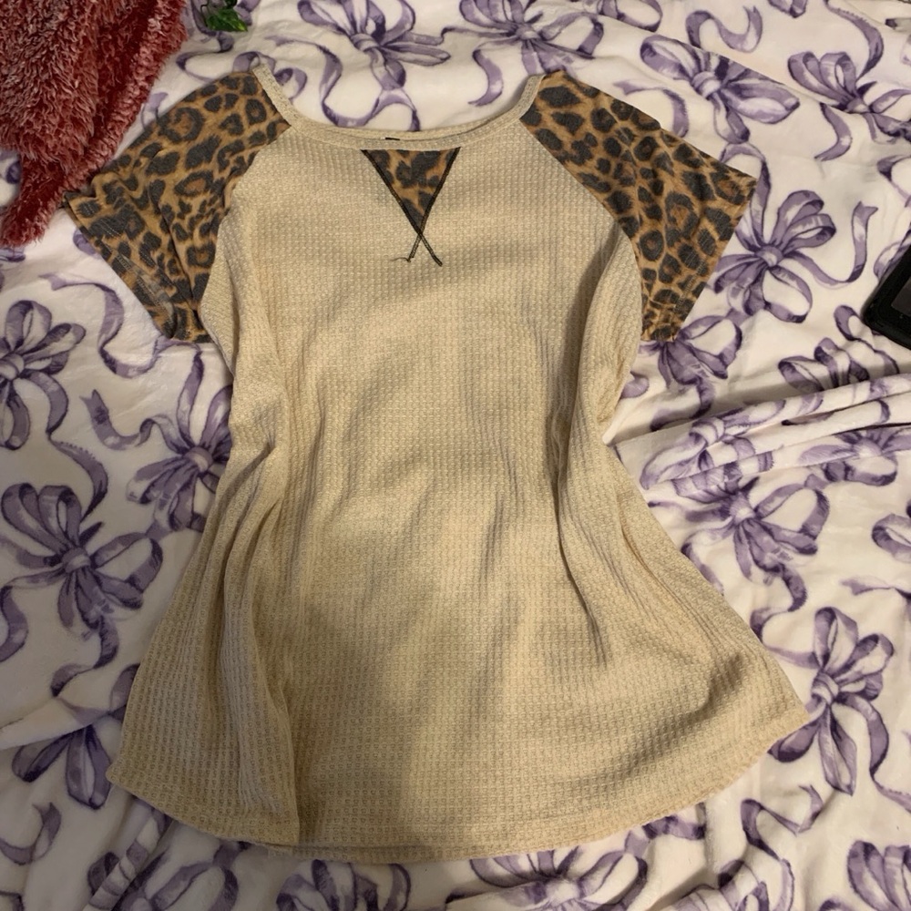 Beige Women's Top with Leopard Print Sleeves